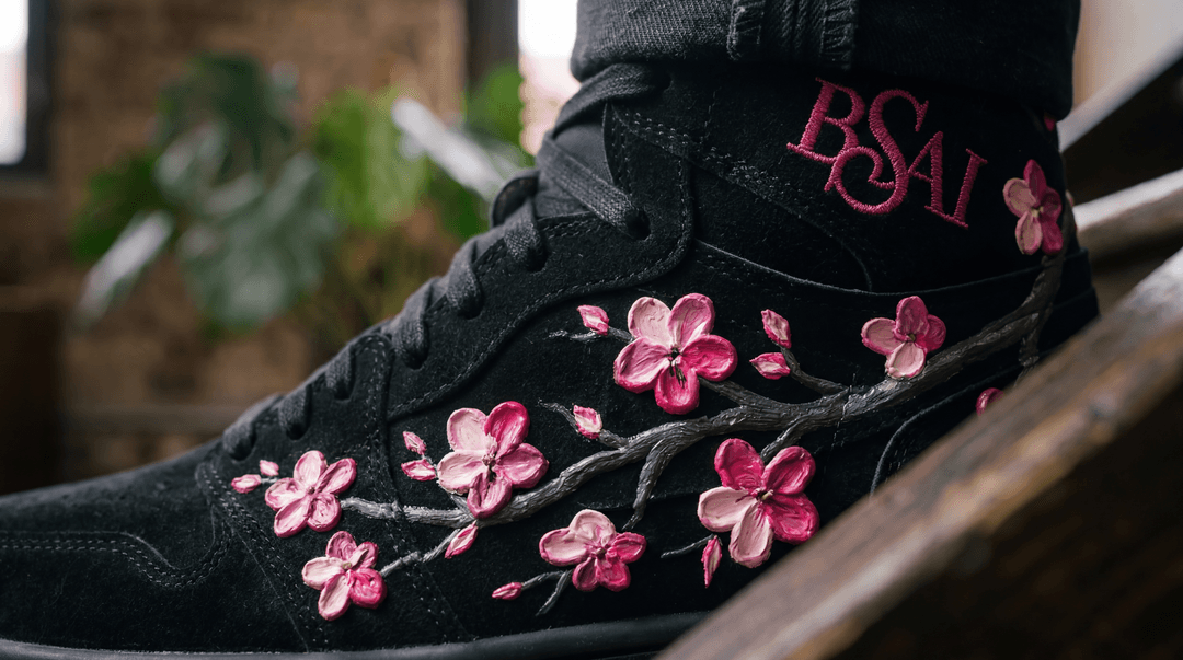 BSAI cherry blossom sneaker with hand-painted floral design